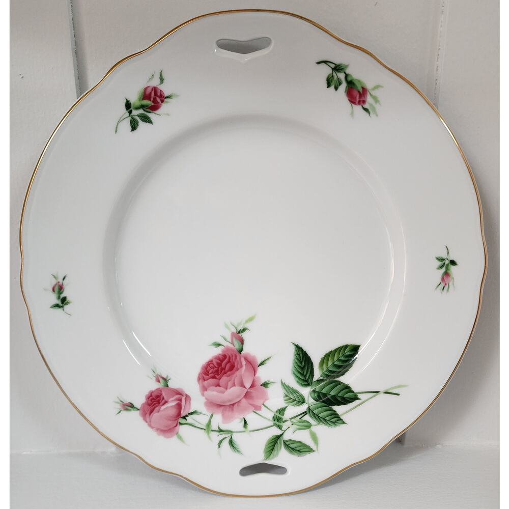 Vintage Rose Porcelain Plate Gold Rim Scalloped Edge Handles 10.3" Floral Decor
